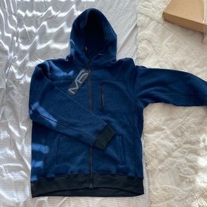 Large dark blue and black front full zip 3 pocket jacket